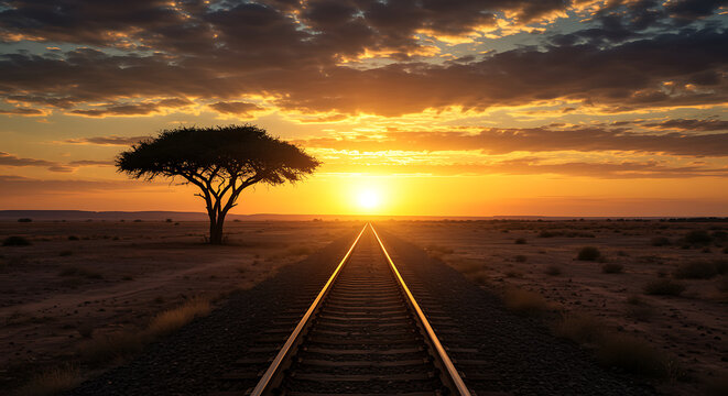 Solitary tree silhouetted against dramatic sunset over railroad tracks landscape