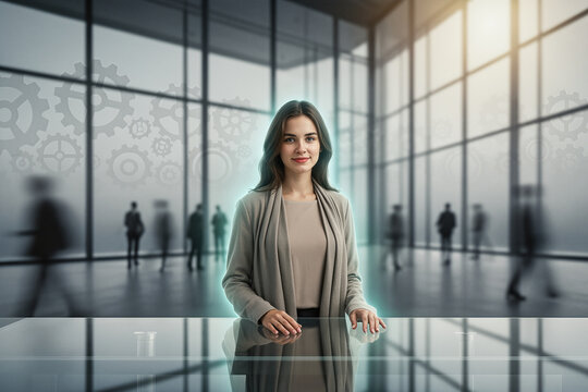 A professional woman standing in a modern office with blurred silhouettes and gear graphics in the background, conveying a corporate technology theme.