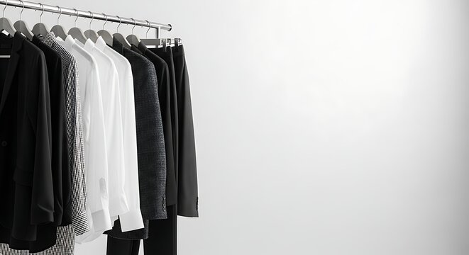 Stylish professional wardrobe essentials hanging neatly ready for your next big meeting, perfect for fashion blogs or corporate websites, clean and modern