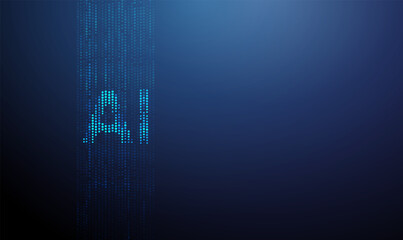 Vertical streams of blue dots with letters AI at the center. Data flow, computational pattern, technology visualization, network analysis, intelligent systems concept.