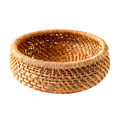Handwoven natural fiber basket with intricate weave pattern isolated on transparent background
