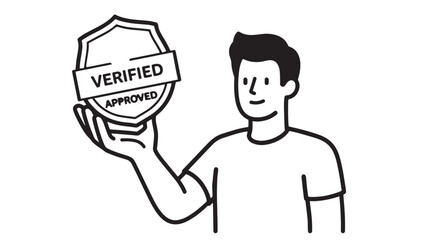 Illustration of a man holding verified approval badges with confident expression and graphic seal.