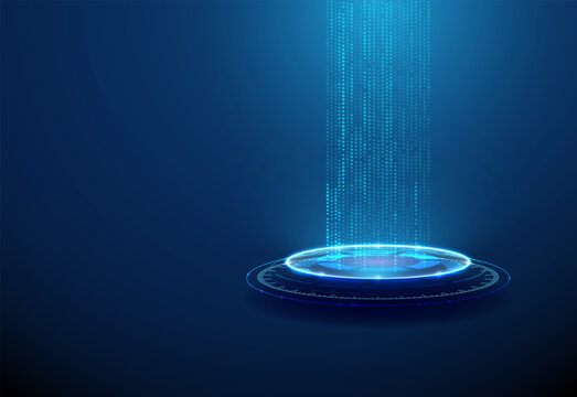 Vertical streams of digital points on pedestal Data visualization, information flow, digital system, technology innovation, virtual network concept.