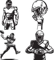 Set of four American football player illustrations in a monochrome vector style.