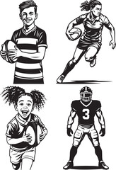 Monochrome vector illustrations of diverse people, including children and adults, playing rugby and American football.