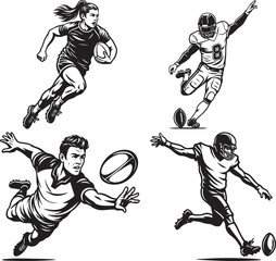 Black and white illustrations of athletes in action, showcasing rugby and American football.