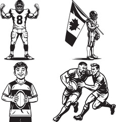 Black and white illustrations depicting American football and rugby players, including a boy and a player holding a Canadian flag.