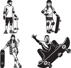 Four black and white vector illustrations of diverse people with skateboards, showcasing various poses and styles.