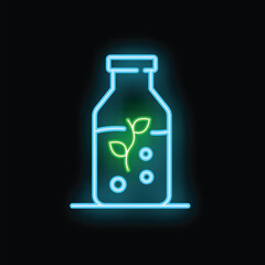 Glowing neon sign of a refreshing beverage with a plant inside, promoting a healthy lifestyle
