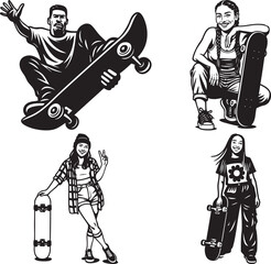 Monochrome illustrations of skateboarders in various poses with their skateboards.