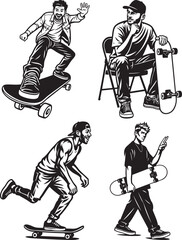 Black and white illustration of four different skateboarders in various poses, showcasing skateboarding lifestyle.