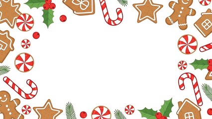 Festive Christmas gingerbread cookies, candy canes, and holly frame a bright, blank space for your holiday greetings and seasonal designs