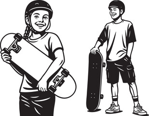 Monochrome illustrations of skateboarders in various poses, riding and resting.