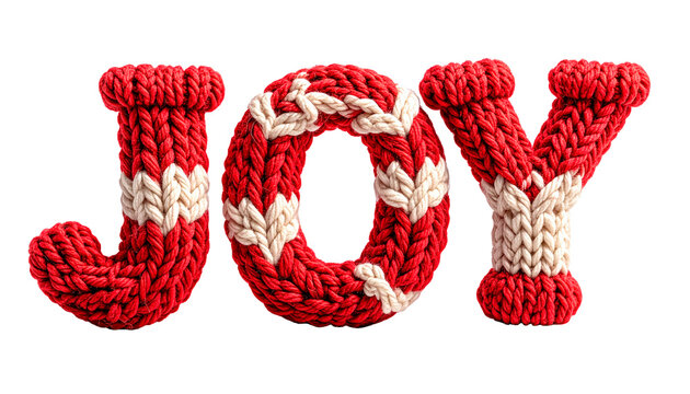 Joy knitted text in red and white yarn with festive cozy texture on a transparent background