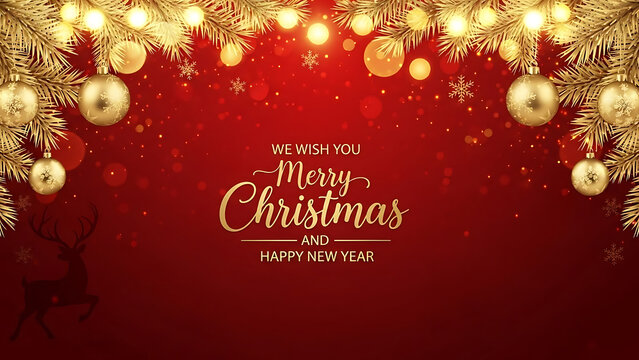 Elegant festive golden christmas and new year background with fir branches, glowing string lights, glittering ornaments, bokeh effects, snowflakes, and a subtle reindeer silhouette on a vibrant deep r