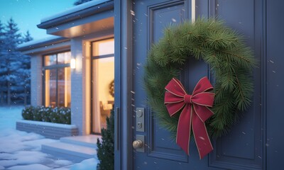 Modern home welcomes holiday cheer with vibrant Christmas wreath and snowfall creating a cozy winter scene, perfect for seasonal greetings and festive projects