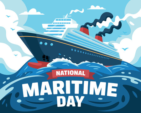 A grand cruise ship sails on the ocean waves celebrating National Maritime Day.