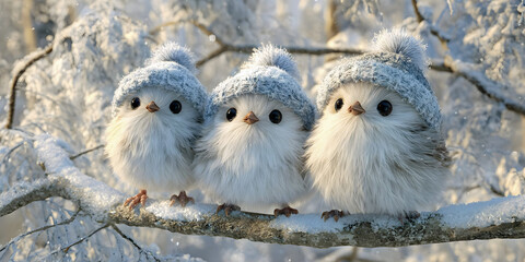 Winter Whimsy: Cozy Birds in Snowy Hats, ai generated.