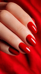 Close-up of a hand with perfectly manicured red nails resting on a soft red fabric.