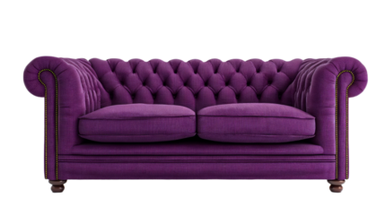Luxurious purple chesterfield sofa with button-tufted design and rolled arms