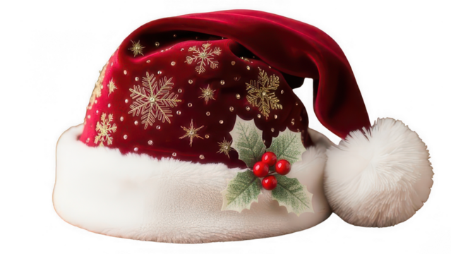 Festive red santa hat with holly and snowflake design isolated on transparent background