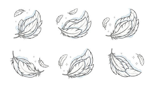 Feather Collection: A set of delicate feathers are gracefully floating with subtle shading, evoking a sense of lightness and serenity.