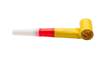 Colorful party horn with yellow, red, and white sections on isolated background