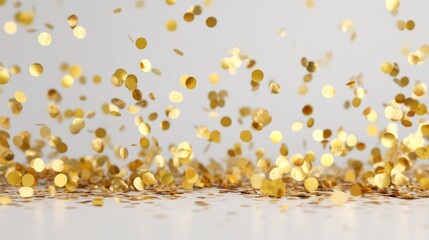 Glittering gold confetti falling in celebration, background with selective focus and copy space