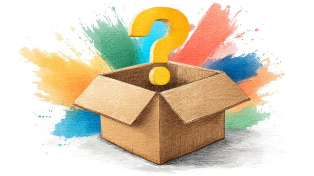 Open cardboard box with colorful splashes and question mark design, background with selective focus and copy space - Powered by Adobe