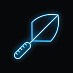 Blue neon sign of a trowel for construction works on a black background