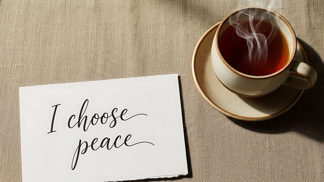 A steaming cup of tea sits alongside a small card with the handwritten phrase i choose peace high-quality professional detailed