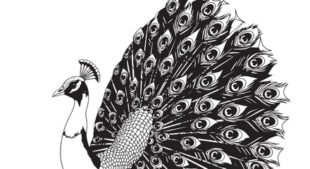 Elegant peacock with a fanned tail in a monochrome illustration.