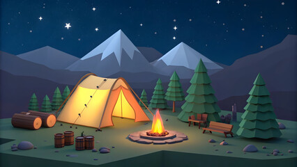 3d low poly camping scene with glowing tent campfire and mountains at night full hd 4k stock image download