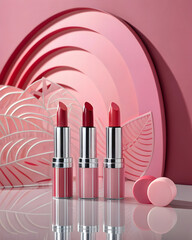 Three red lipsticks with silver and pink tubes arranged on a reflective surface with pink decorative elements full hd 4k stock image download