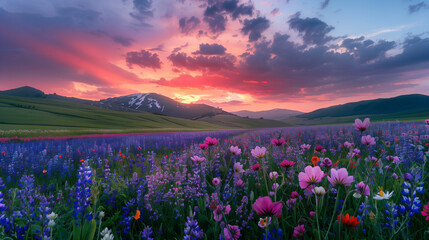 Fototapeta premium A vast field of flowers stretches endlessly across the landscape, bursting with vibrant colors and creating a breathtaking, dreamlike view