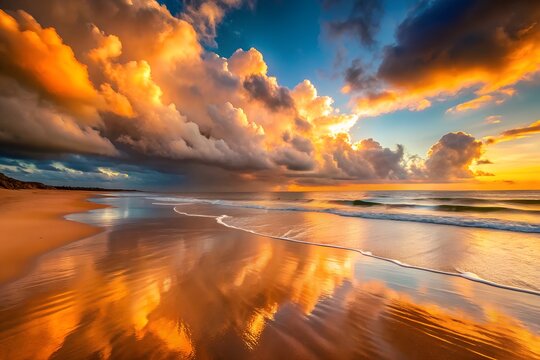Dramatic golden sunset over a wet sandy beach with reflecting clouds and ocean waves