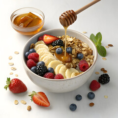 Overhead view of healthy breakfast bowl with granola fruits and honey drizzle full hd 4k stock image download