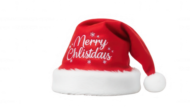 Red christmas hat with merry chlistdais text isolated on transparent background