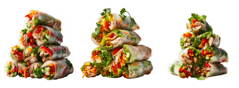 Three stacks of fresh spring rolls filled with colorful vegetables and herbs isolated on transparent background