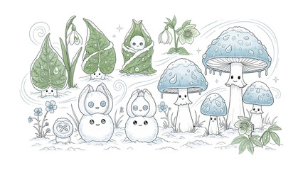 Whimsical Forest Friends: Charming illustrations of anthropomorphic mushrooms and plants, exuding a sense of peace and tranquility within a serene forest setting. 