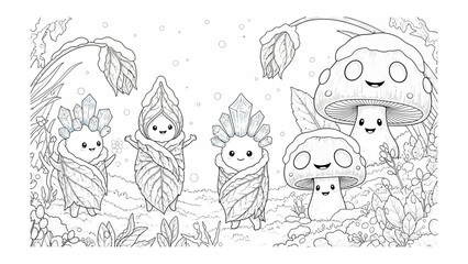 Mystical Forest Friends: A charming illustration depicts adorable mushroom and leaf characters, creating a whimsical and enchanting woodland scene.