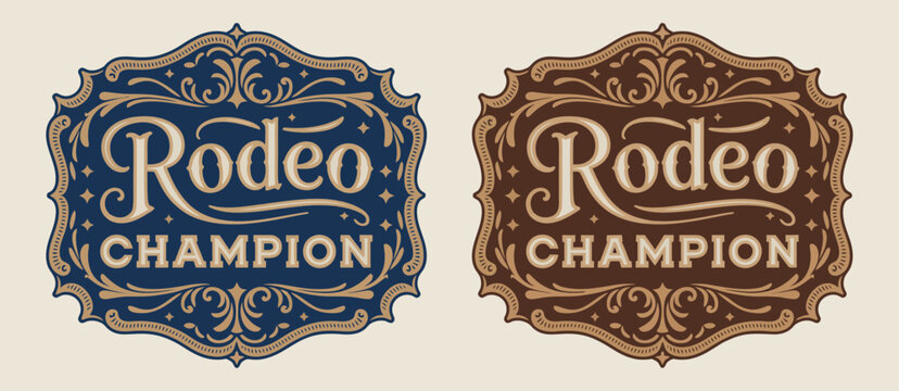 Rodeo champion cowboy belt buckle emblem featuring bull rider medal and ornate typographic design, perfect for western branding, sports awards, apparel graphics, event logos, posters, and detailed vec