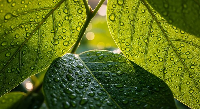 Green Leaves with Water Droplets in Sunlight