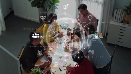 A diverse team of professionals engages in a collaborative meeting within a modern office, surrounded by digital elements symbolizing innovation and planning. Raster - Powered by Adobe