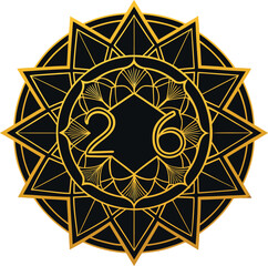 Naklejka premium Elegant Black Gold Ornament Design With 2026 Numbers Circular Frame For New Year Greeting Vector Illustration