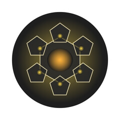 Geometric abstract design with glowing center and connected pentagons isolated on transparent background