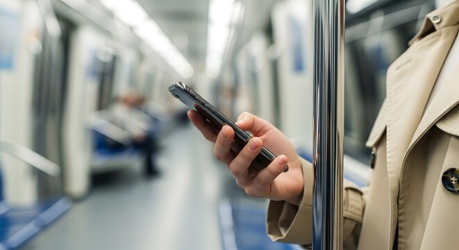 Close up of a person's hand in a trench coat holding a smartphone on a modern subway for urban commuting concept and digital communication