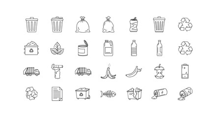 Collection of outline icon set garbage waste recycling environment pollution container can bin trash rubbish