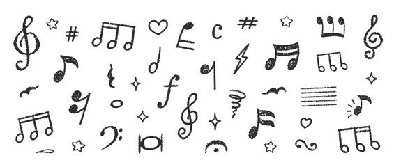 Chalk Blackboard Musical Notes Vector Set. Crayon Scribble Music Symbol Shapes Collection White Color Hand Drawn Brush Texture Treble Clef Pencil Emphasis Elements. Charcoal Doodle Audio Icons Bundle