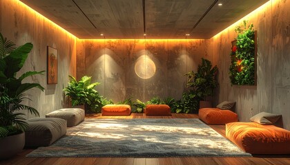 A calm neurodiverse-friendly break room with soft dimmable lighting, textured wall panels, weighted lap pads, plants and a warm supportive atmosphere for emotional regulation.
